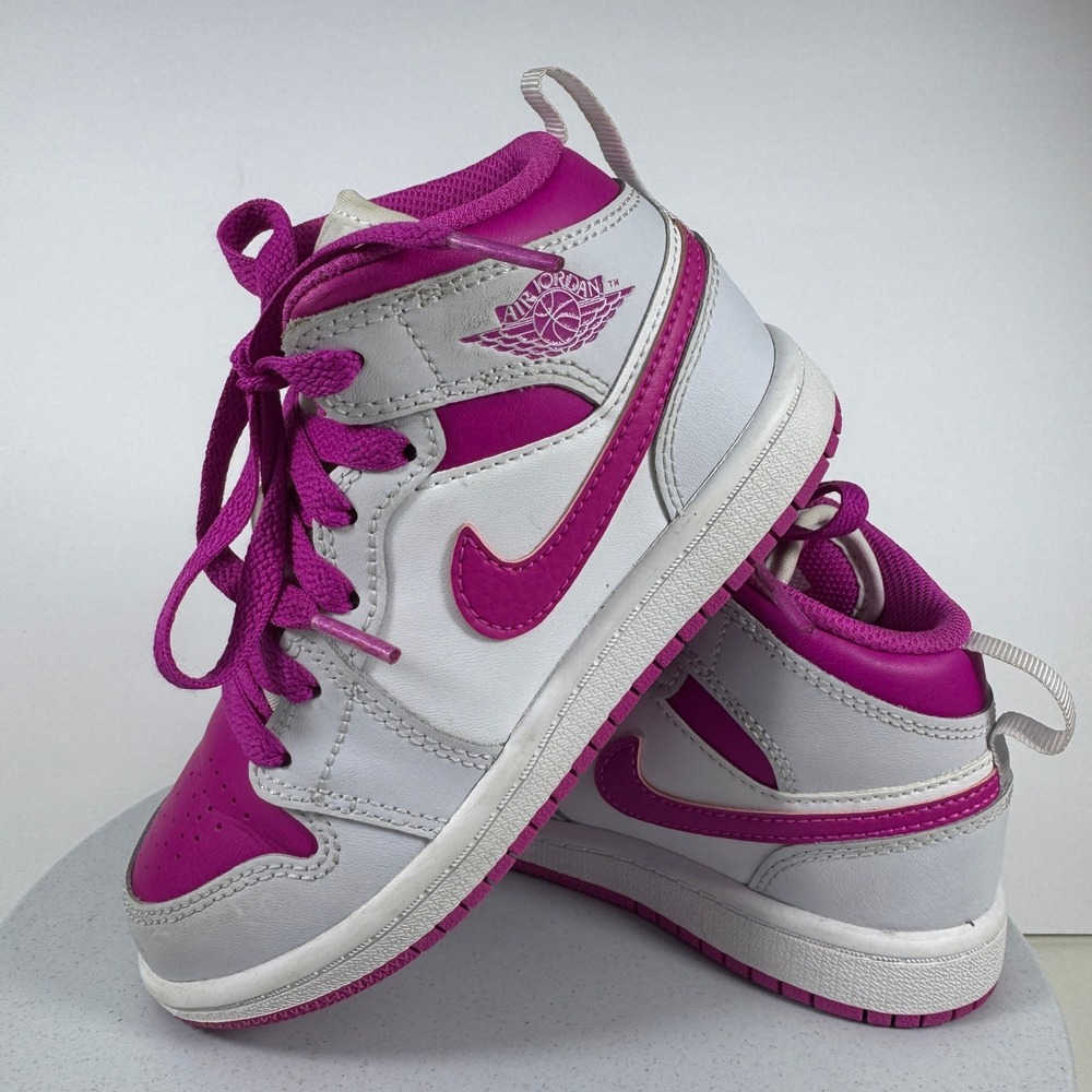 Nike Air Jordan 1 Mid Kids White Fuchsia Pink Sneakers 644507-151 Size 11C